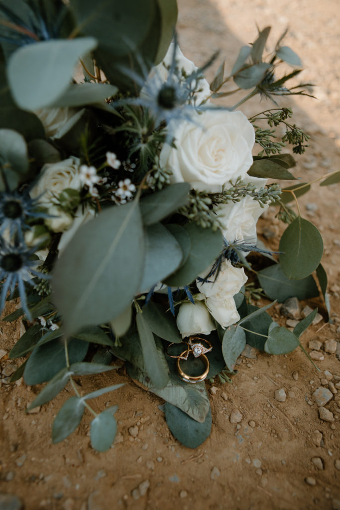 Elopement details shots of summer bouquet. 
