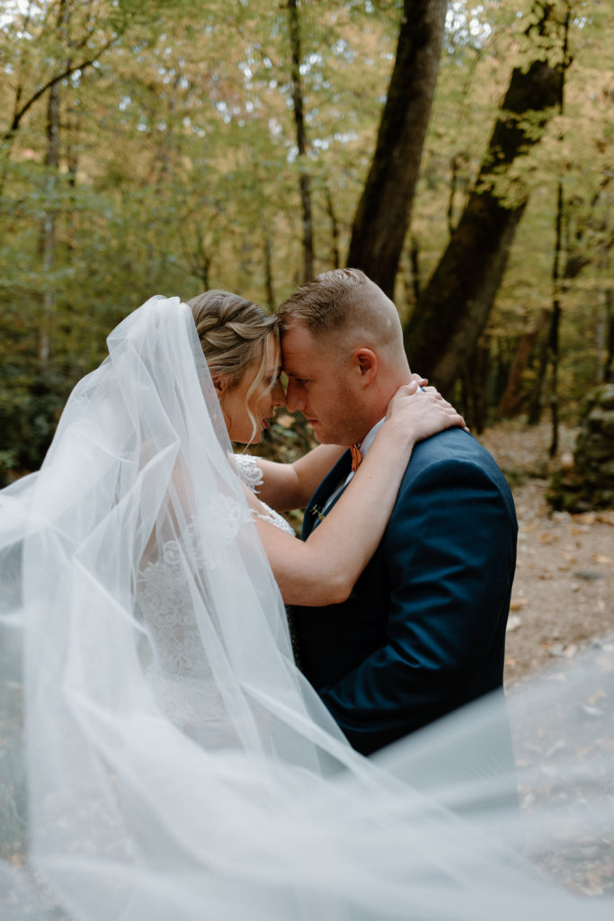 Veil shot of bride and groom.