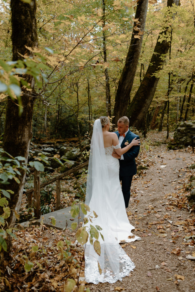 Bride and groom first look at private venue in the Smoky Mountains.