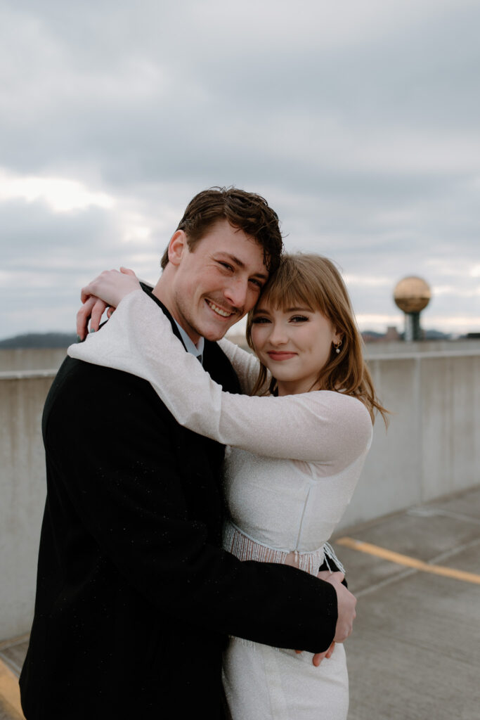 Black and white engagement session outfits for city engagement session.