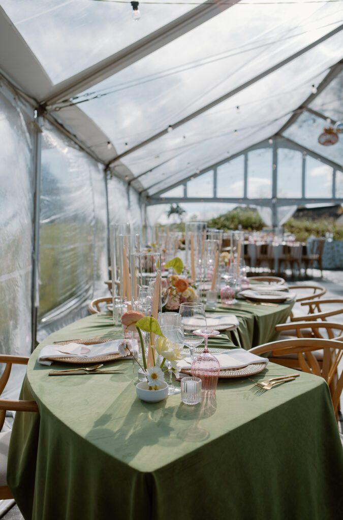 Bridal party reception table inspiration for colorful backyard wedding.