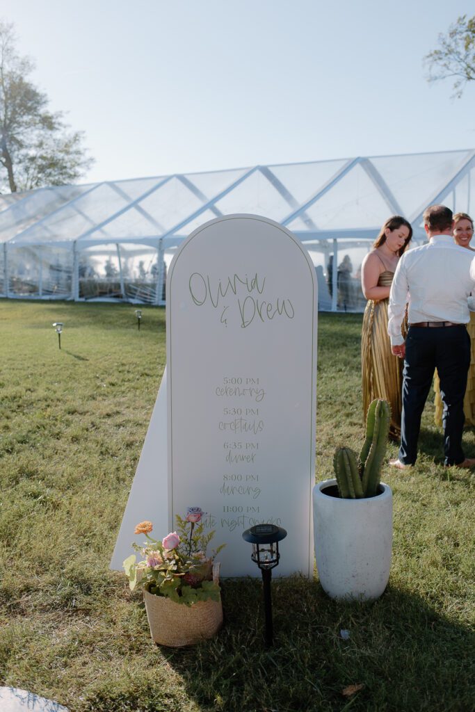 Custom made wedding reception signs for wedding itinerary at colorful backyard wedding.