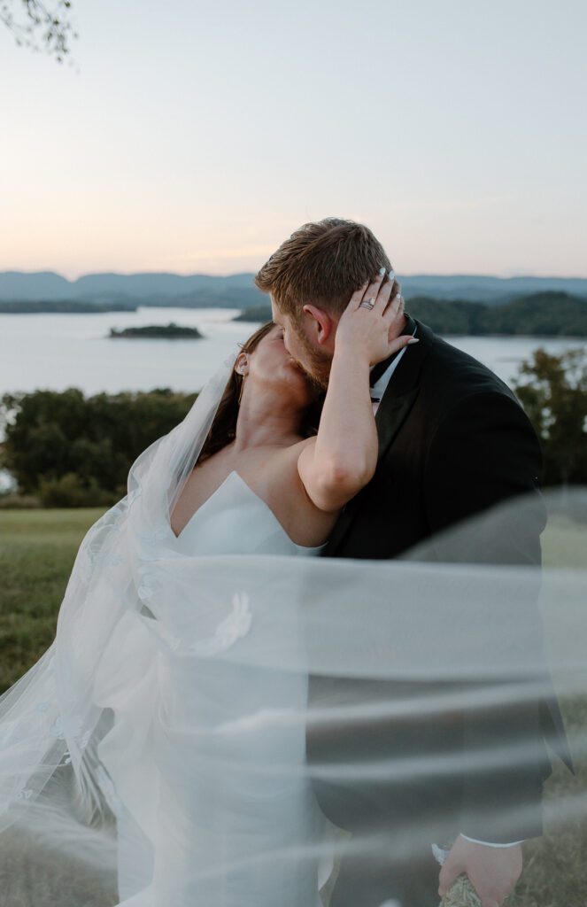 Romantic bride and groom portraits at a modern colorful backyard wedding.