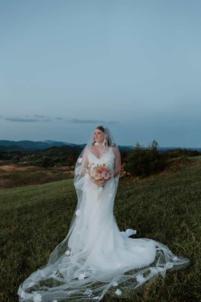 Artsy bridal portraits with bride under cathedral veil at colorful backyard wedding.
