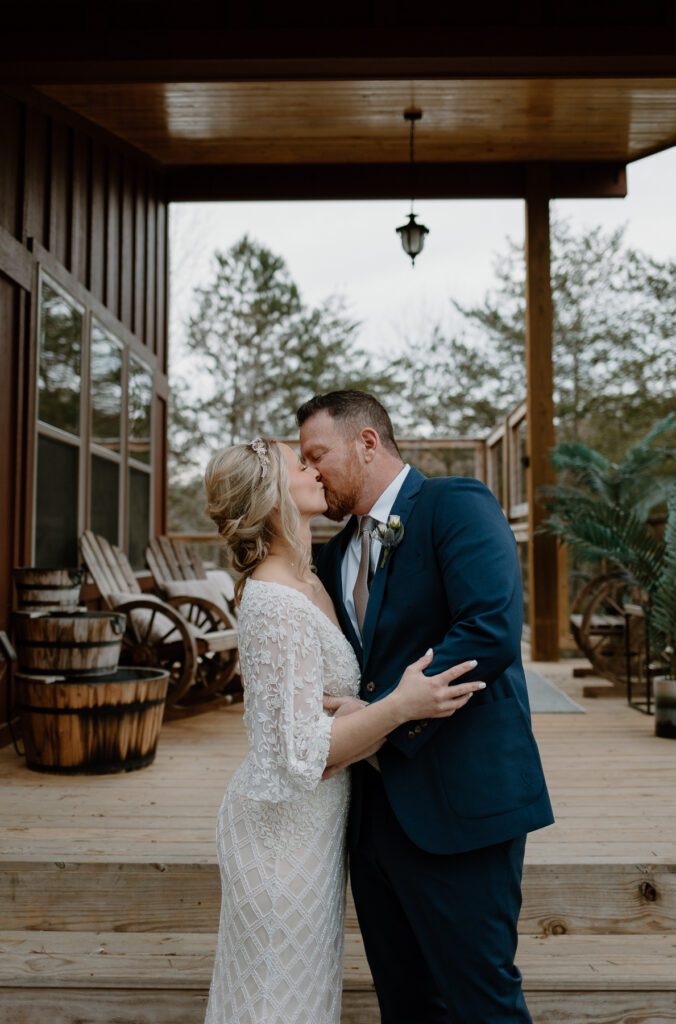Tennessee elopement ideas - Romantic bride and groom portrait at Smoky Mountain cabin.