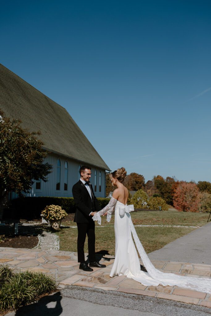 Bride and groom first look at East Tennessee Wedding Venue, Whitestone Inn.