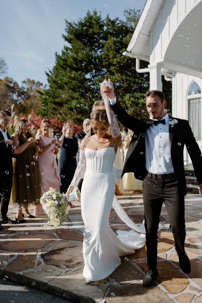 Bride and groom bubble ceremony exit at East Tennessee Wedding Venue, Whitestone Inn.