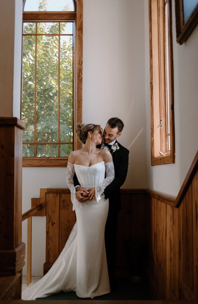 Editorial inspired bride and groom portraits taken inside the chapel at Whitestone Inn, an east Tennessee wedding venue.