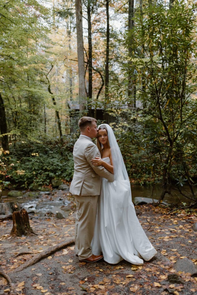 Bride and groom portraits within the Smoky Mountain National park. Perfect for fall elopement inspiration. 