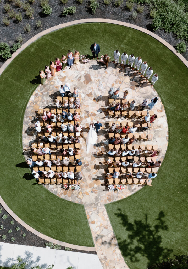 Overhead drone photo of wedding ceremony Nichols Heir Summer Garden Wedding in Sevierville, TN
