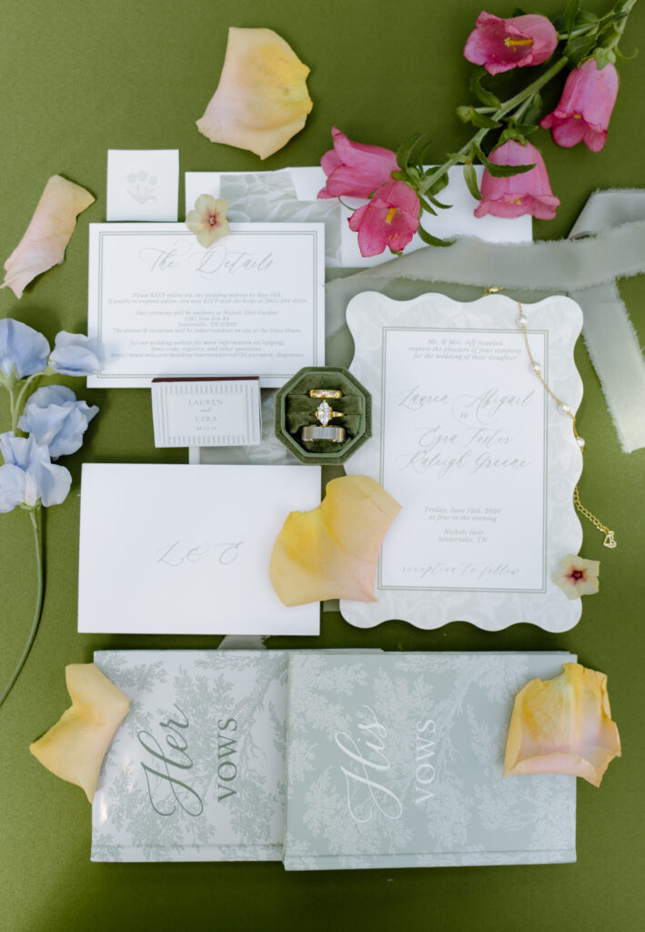 Nichols Heir Summer Garden Wedding flat lay details