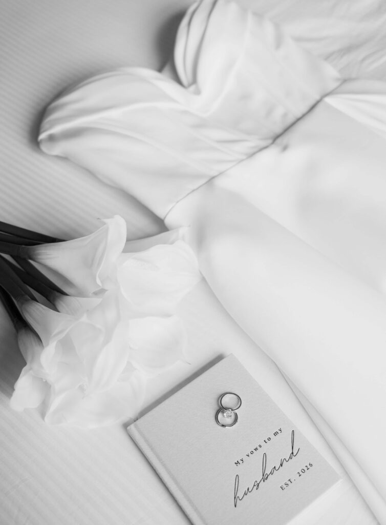 Flat lay details for a summer elopement in the Smokies.