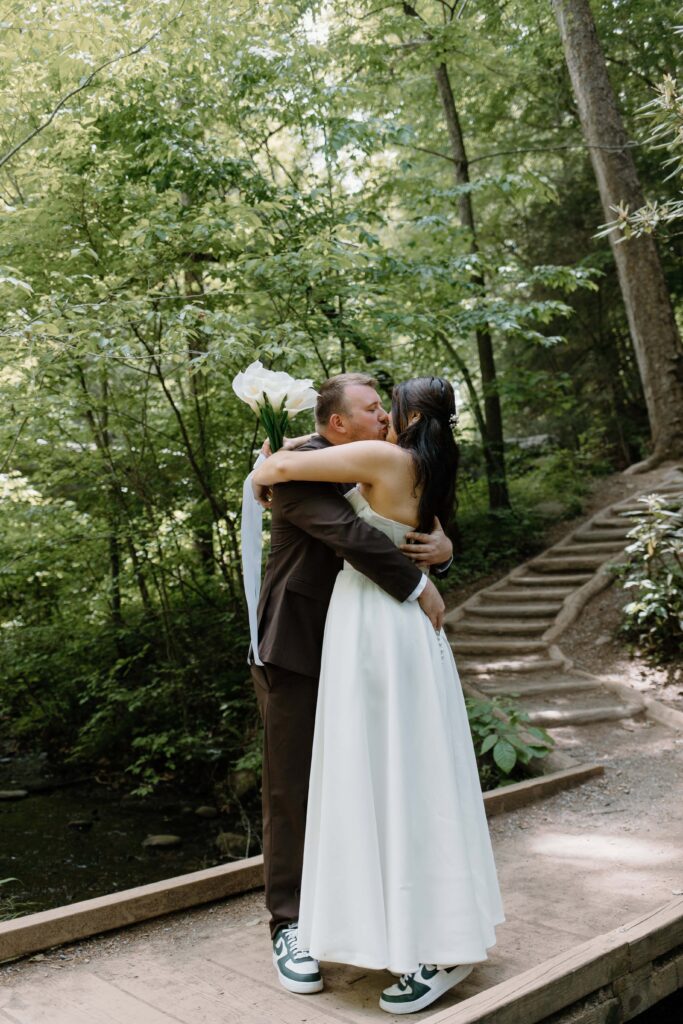 Gorgeous outdoor bride and groom wedding photos during a summer elopement in the Smokies.
