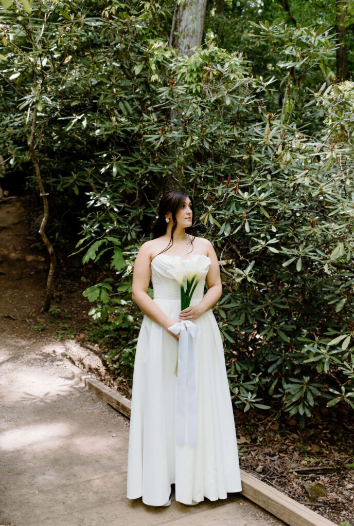 Bridal portraits during a summer elopement in the Smokies National park, Cataract Falls. Captured by Tennessee elopement photographer.