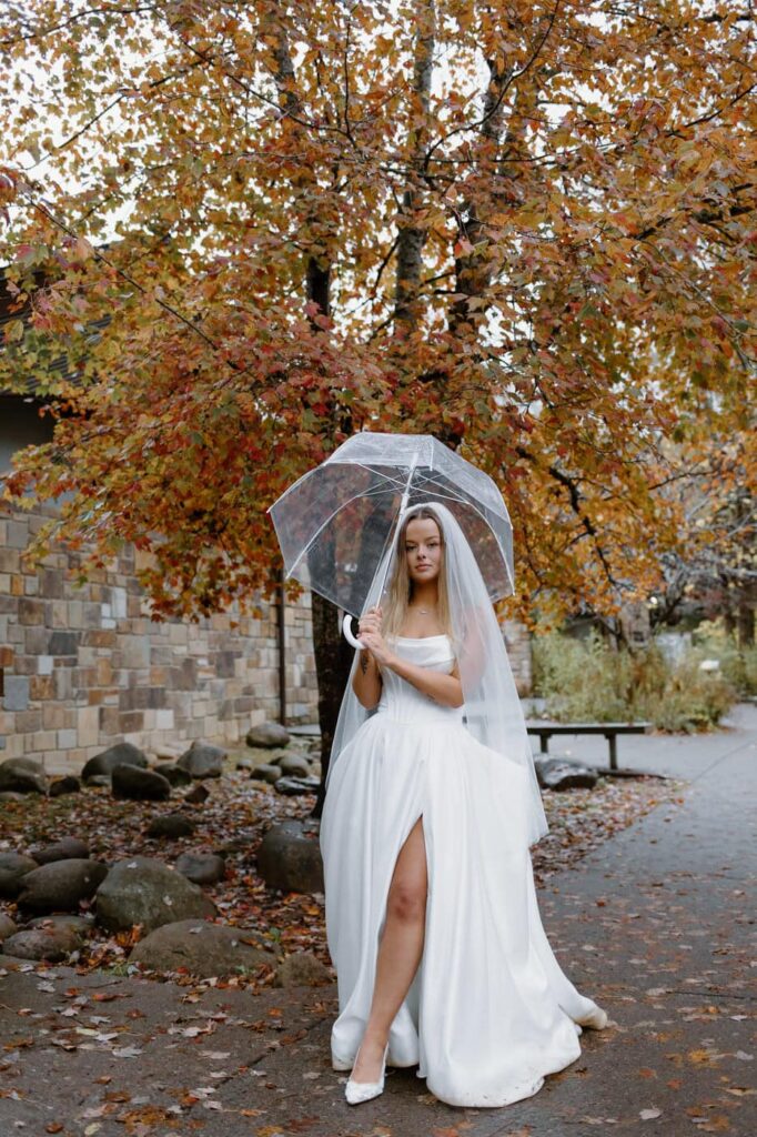 Bride poses with clear umbrella as the rain begins to fall during her Great Smoky Mountain elopement.