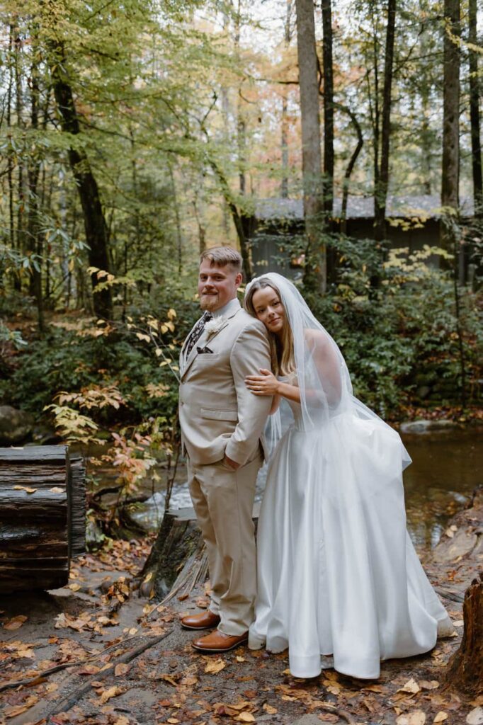 Bride and groom portraits at Cataract Falls during a Great Smoky Mountain elopement.