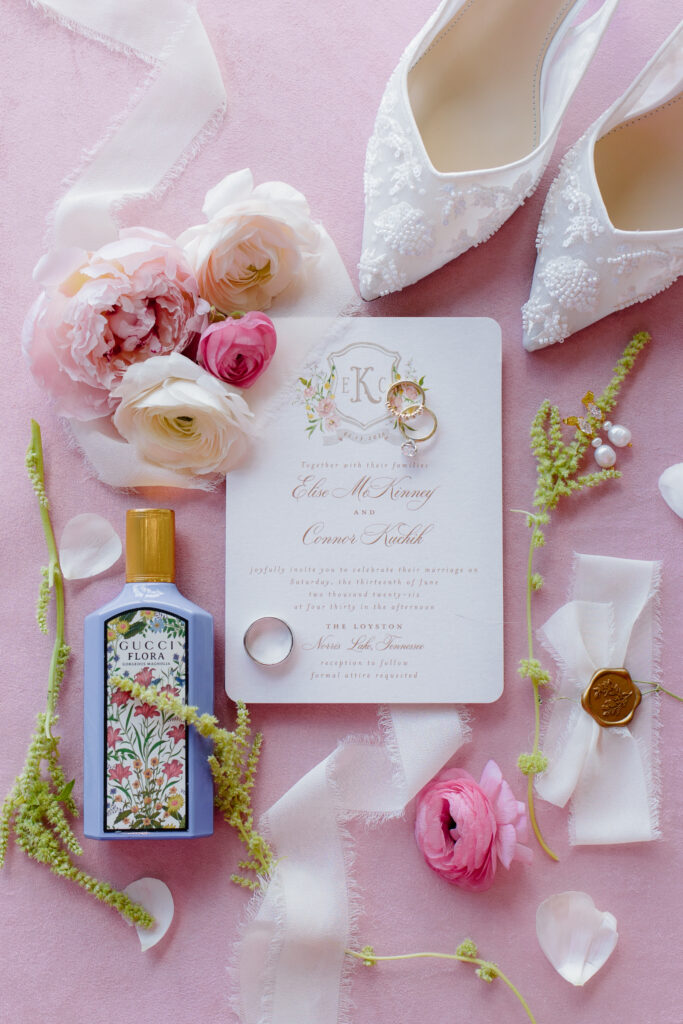 Romantic pink wedding details at the Loyston wedding venue.