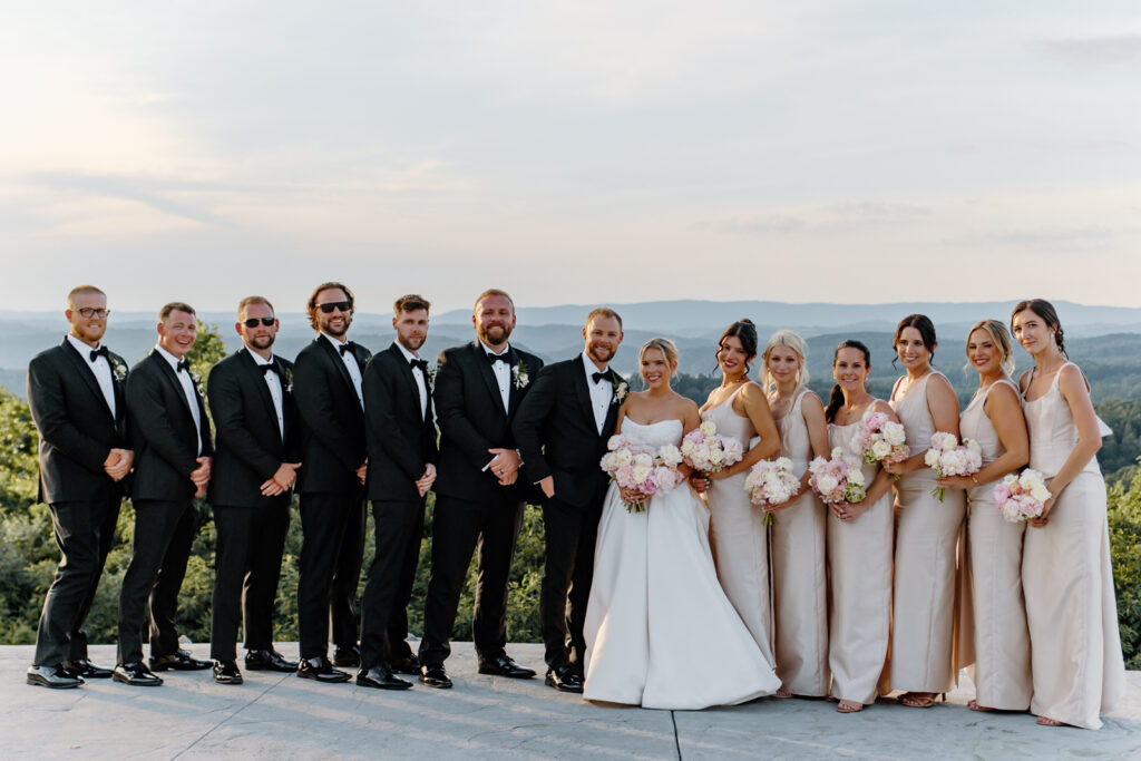 Bridal party attire for black tie wedding at Tennessee wedding venue, The Loyston.