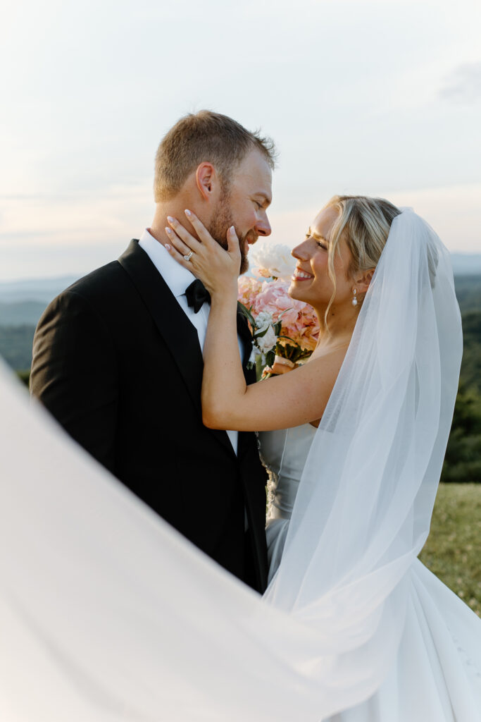 Mountain view bride and groom portraits at Tennessee wedding venue, The Loyston.