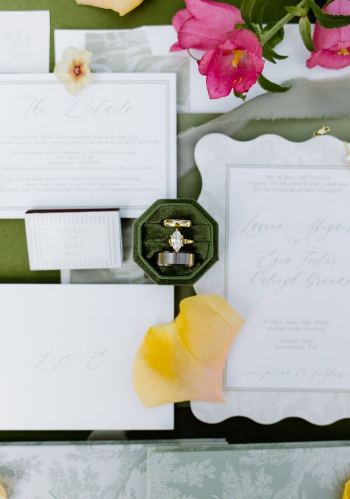 Summer wedding flatlay details at Nichols Heir wedding venue.