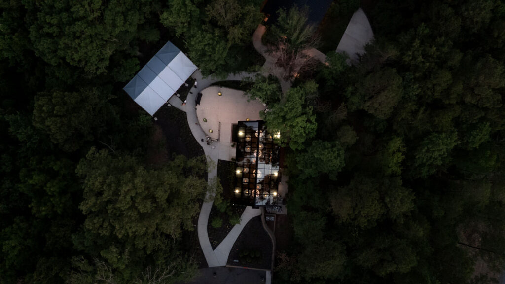 Overhead drone shot for Nichols Heir wedding venue, The Glass House in Tennessee.