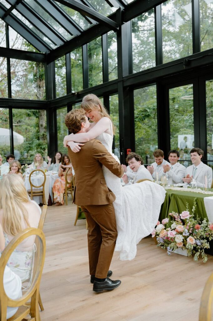 Bride and groom share their first dance at The Glass House, one of 3 ceremony/reception locations at Nichols Heir Wedding Venue.