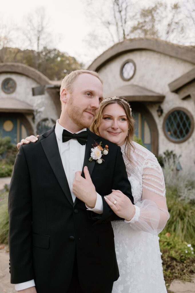 Bride and groom sunset portraits at at Ancient Lore Village, Knoxville wedding venue.