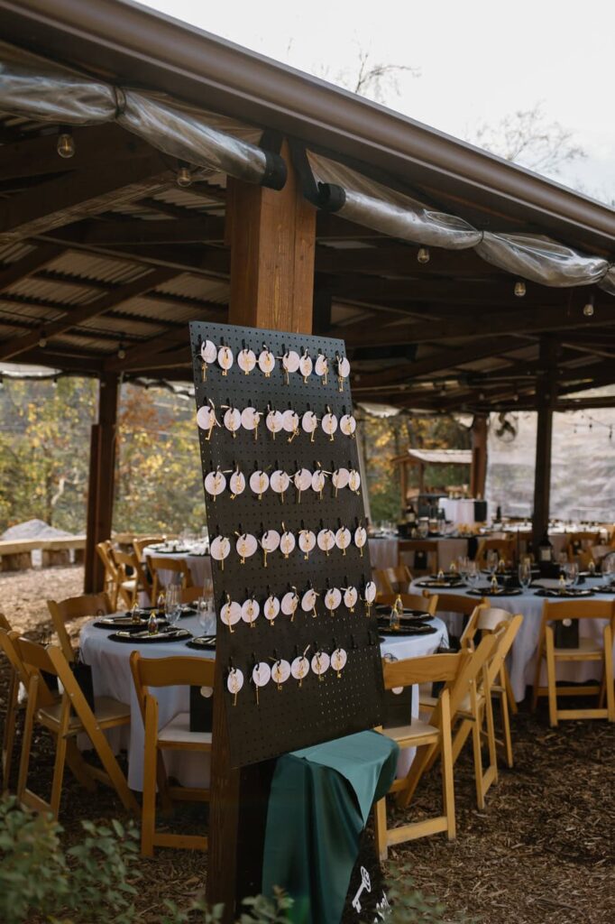 Reception space decorated with literature and fairytale symbols at Ancient Lore Village, Knoxville wedding venue.