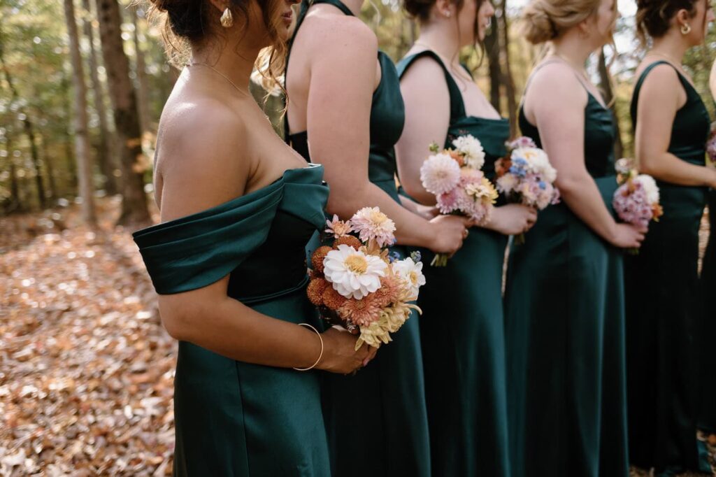 Jade bridesmaids dresses for a fall wedding at Ancient Lore Village, Knoxville wedding venue.