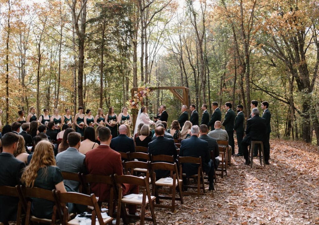 Fall wedding ceremony at Ancient Lore Village, Knoxville wedding venue.