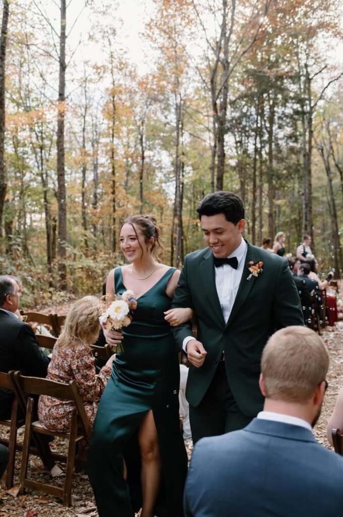 Emerald jade bridal party attire perfect for a fall wedding at Ancient Lore Village, Knoxville wedding venue.