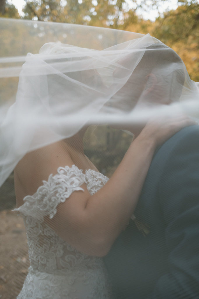 Bride and groom intimate veil shot.