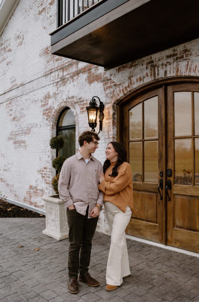Neutral engagement session outfits at Blackberry Ridge wedding venue.