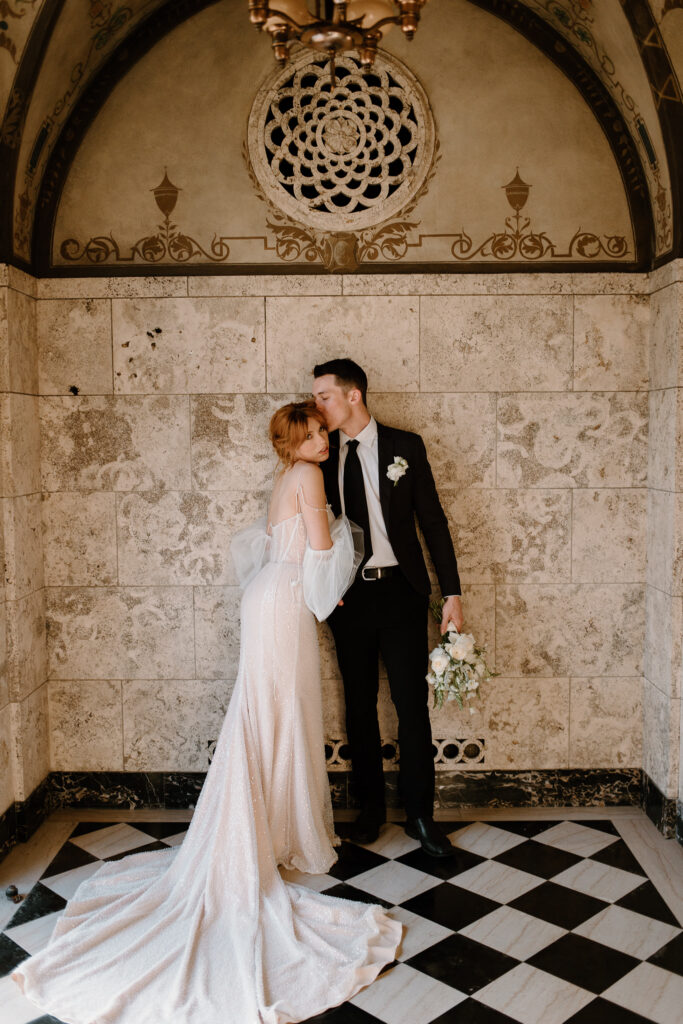 Bride and groom portraits during European elopement at Candoro Marble Building.
