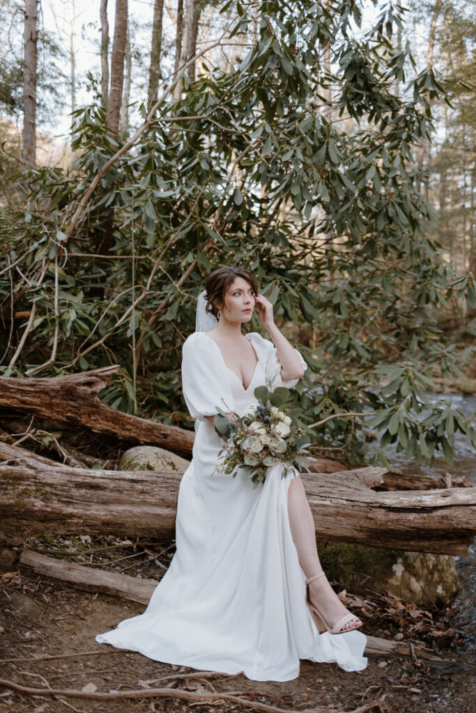 Bridal portraits at Cataract Falls. Simple elopement dress inspiration for the minimalist bride.