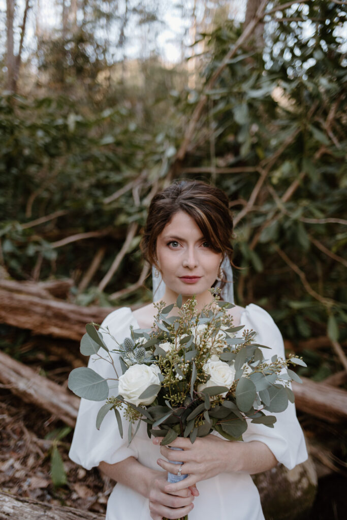 Bridal portraits. Elopement hair and makeup inspiration for the bride looking to elopement in the Smoky Mountain National park.