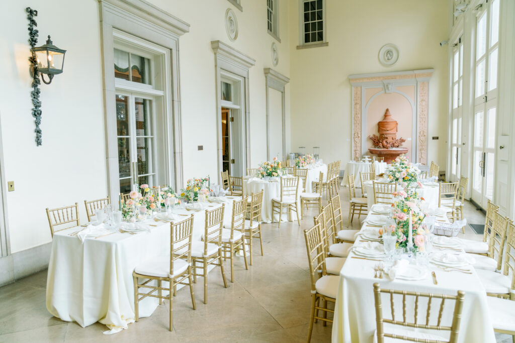 Classic all white reception space at Cheekwood Estates in Nashville. 